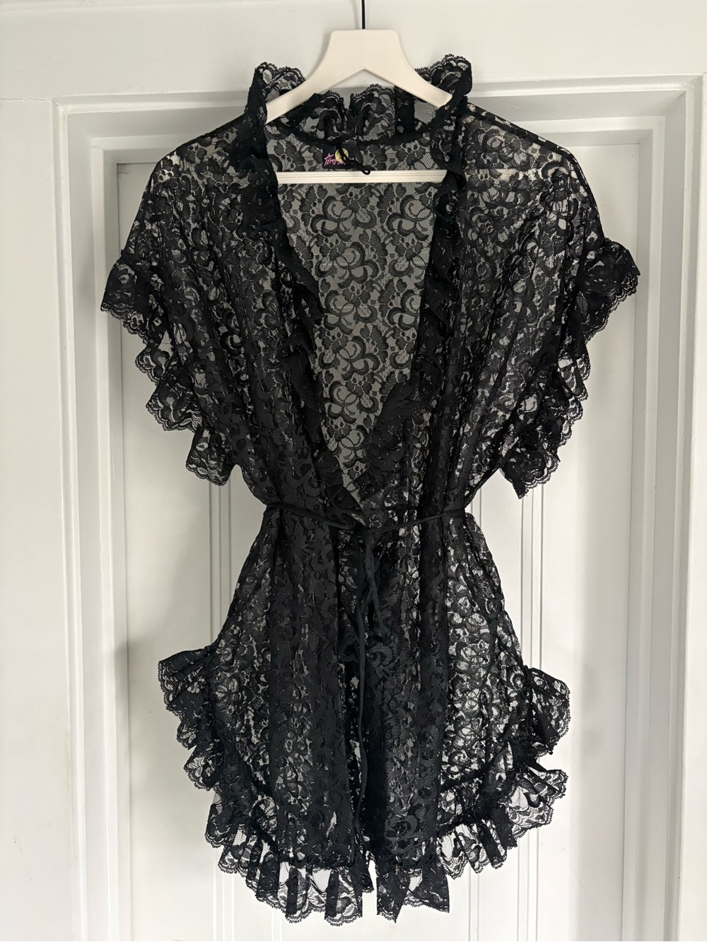 VTG 80s Fredericks of Hollywood Sheer Black Lace Robe Ruffle Angel Sleeve OS